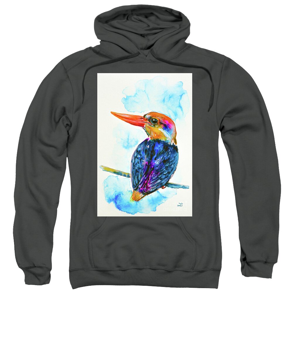 Oriental Dwarf Kingfisher Sweatshirt featuring the painting Oriental Dwarf Kingfisher by Zaira Dzhaubaeva