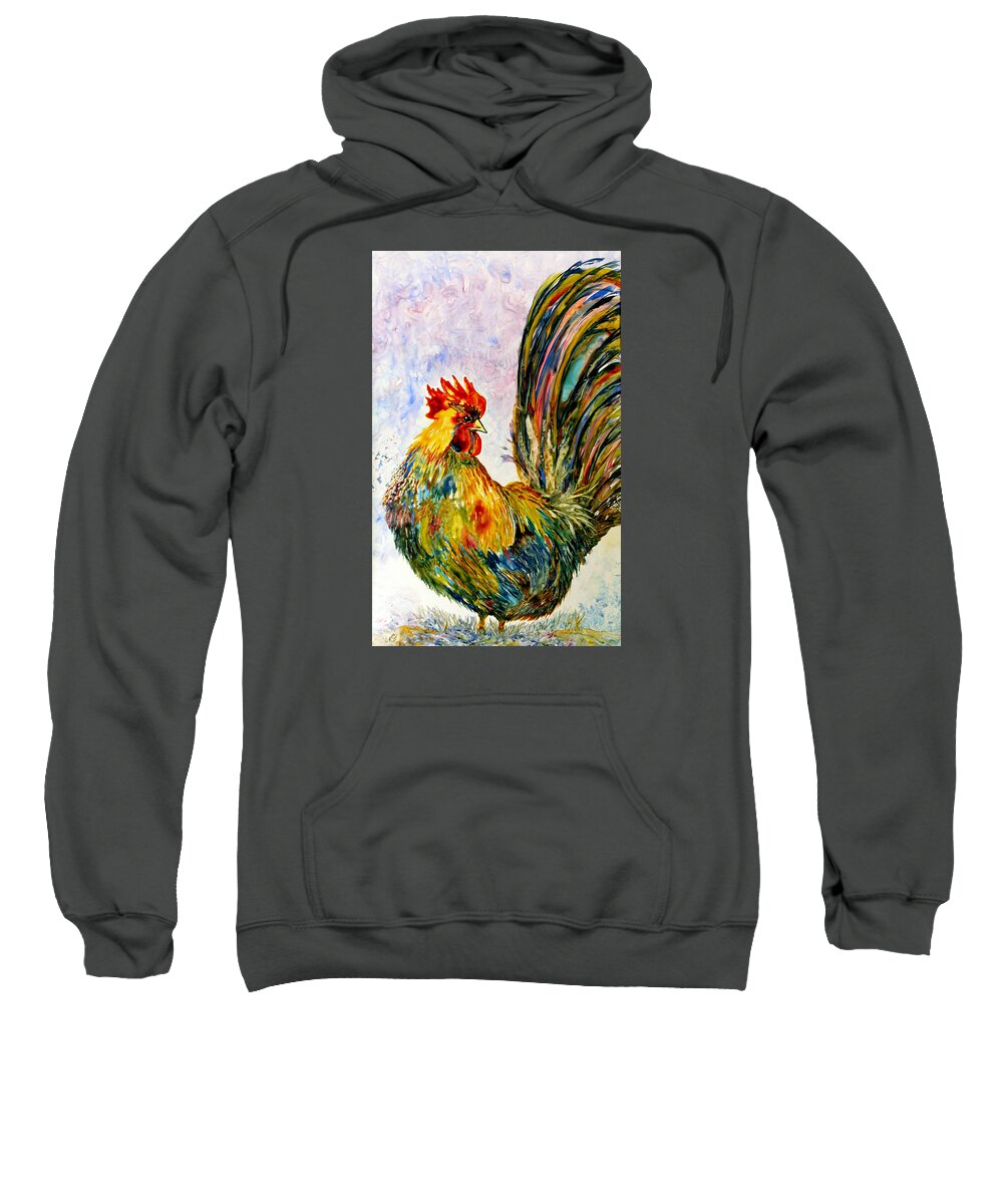 Rooster Sweatshirt featuring the painting Over There? by Kim Shuckhart Gunns