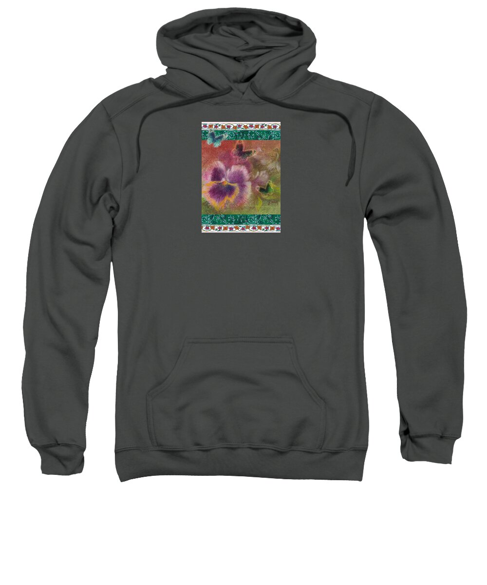Illustrated Pansy Sweatshirt featuring the painting Pansy Butterfly Asianesque border by Judith Cheng