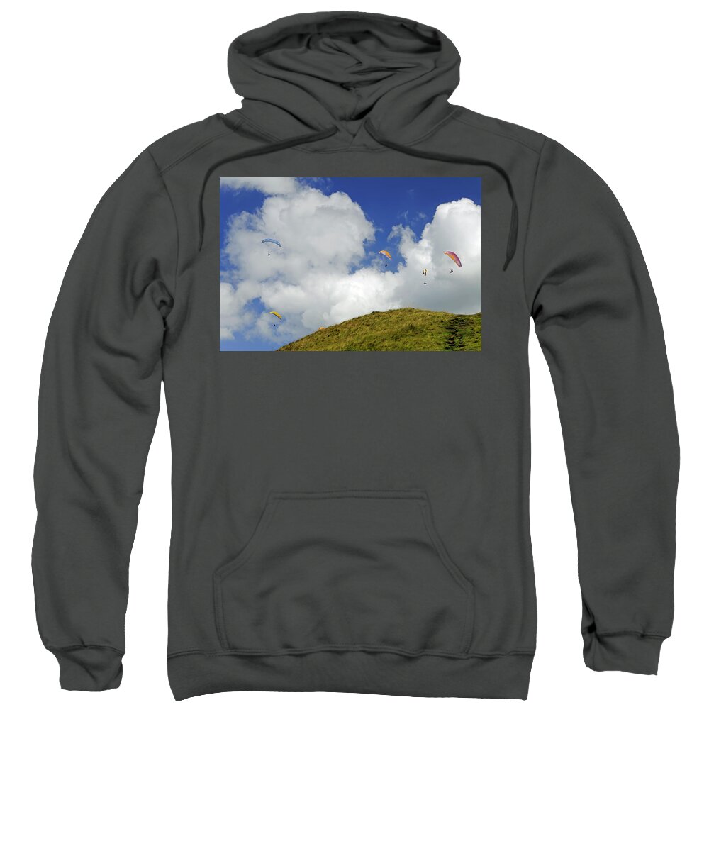 Bright Sweatshirt featuring the photograph Paragliders Above Mam Tor by Rod Johnson