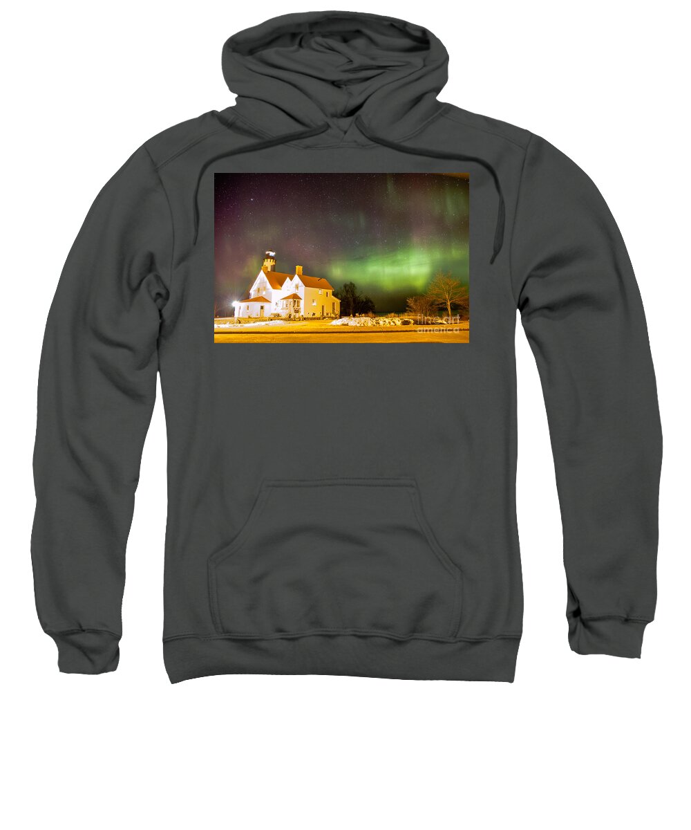 Northern Lights Sweatshirt featuring the photograph Point Iroquois Lighthouse Northern Lights 7469 by Norris Seward
