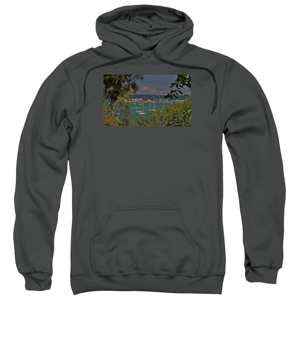 Poole Harbour Bay Water Dorset Sea Coast Landscape Seascape Outdoors Trees Boats Jet Ski Masts Buoys Blue Green White Brownsea Island Sky Bushes Sweatshirt featuring the photograph Poole from Brownsea Island by Jeff Townsend