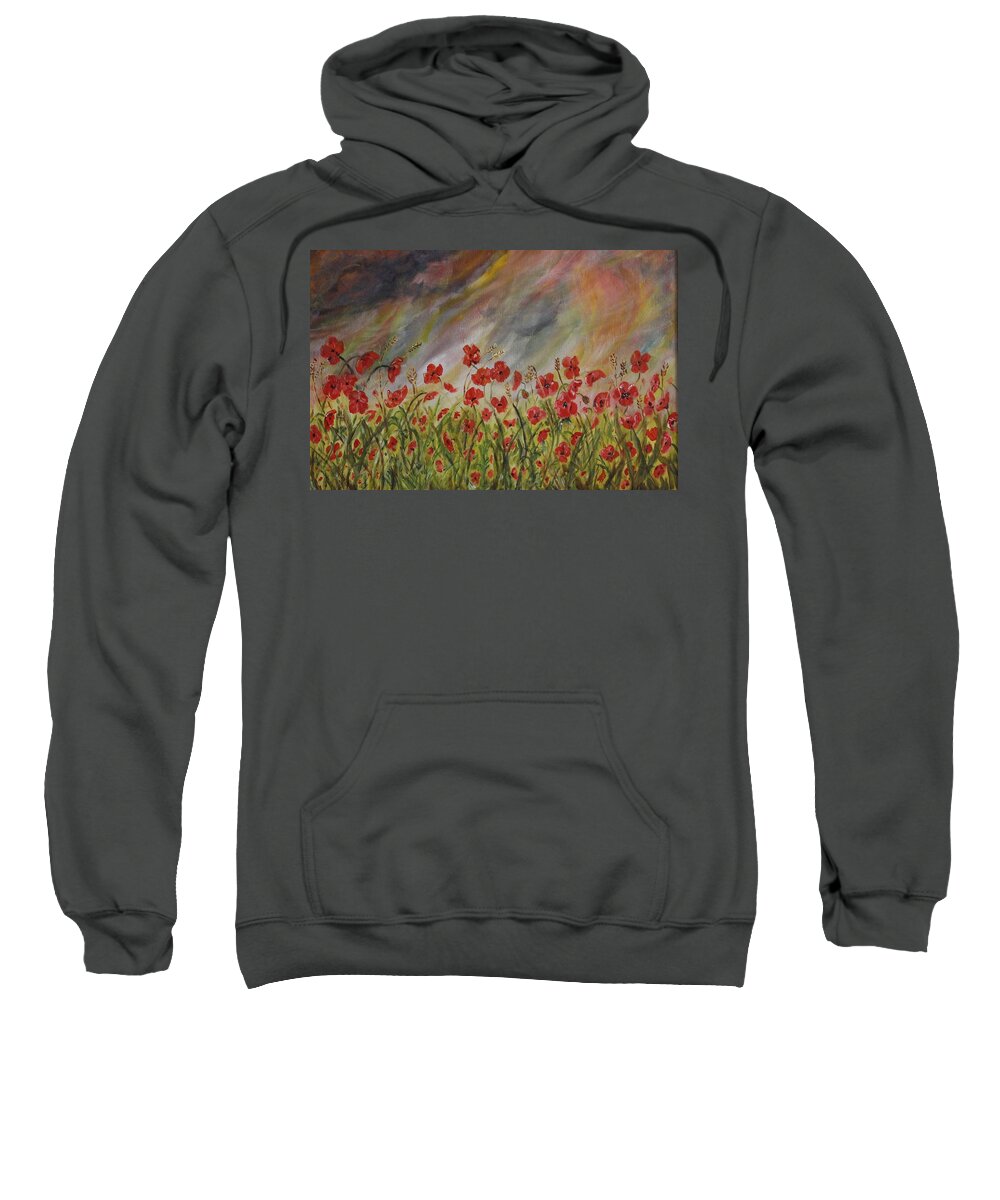Poppies Sweatshirt featuring the painting Poppies in a storm by David Capon