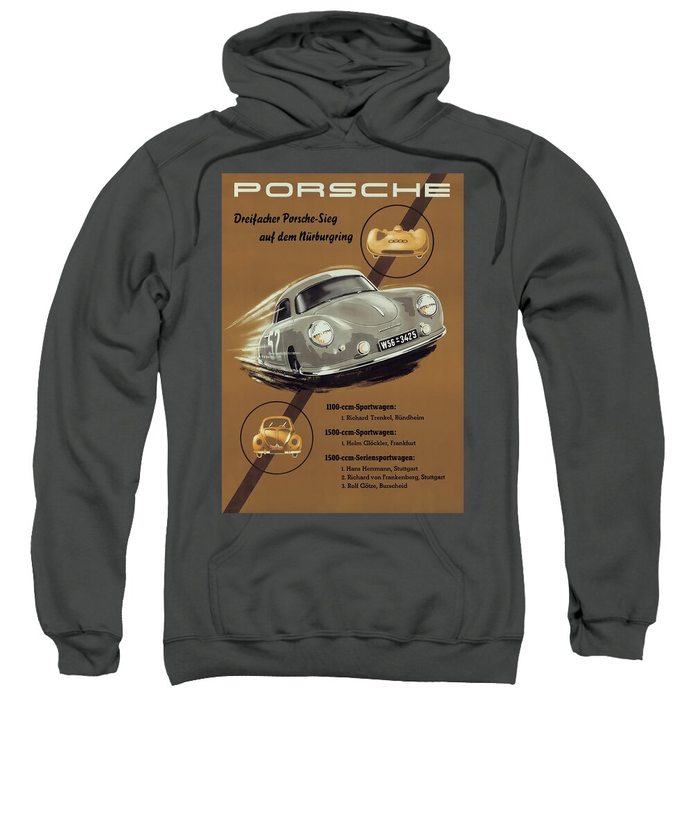 Porsche Sweatshirt featuring the digital art Porsche Nurburgring 1950s vintage poster by Georgia Clare