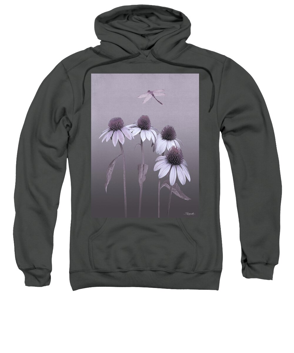 Echinacea Sweatshirt featuring the digital art Purple Coneflowers and Dragonfly by M Spadecaller