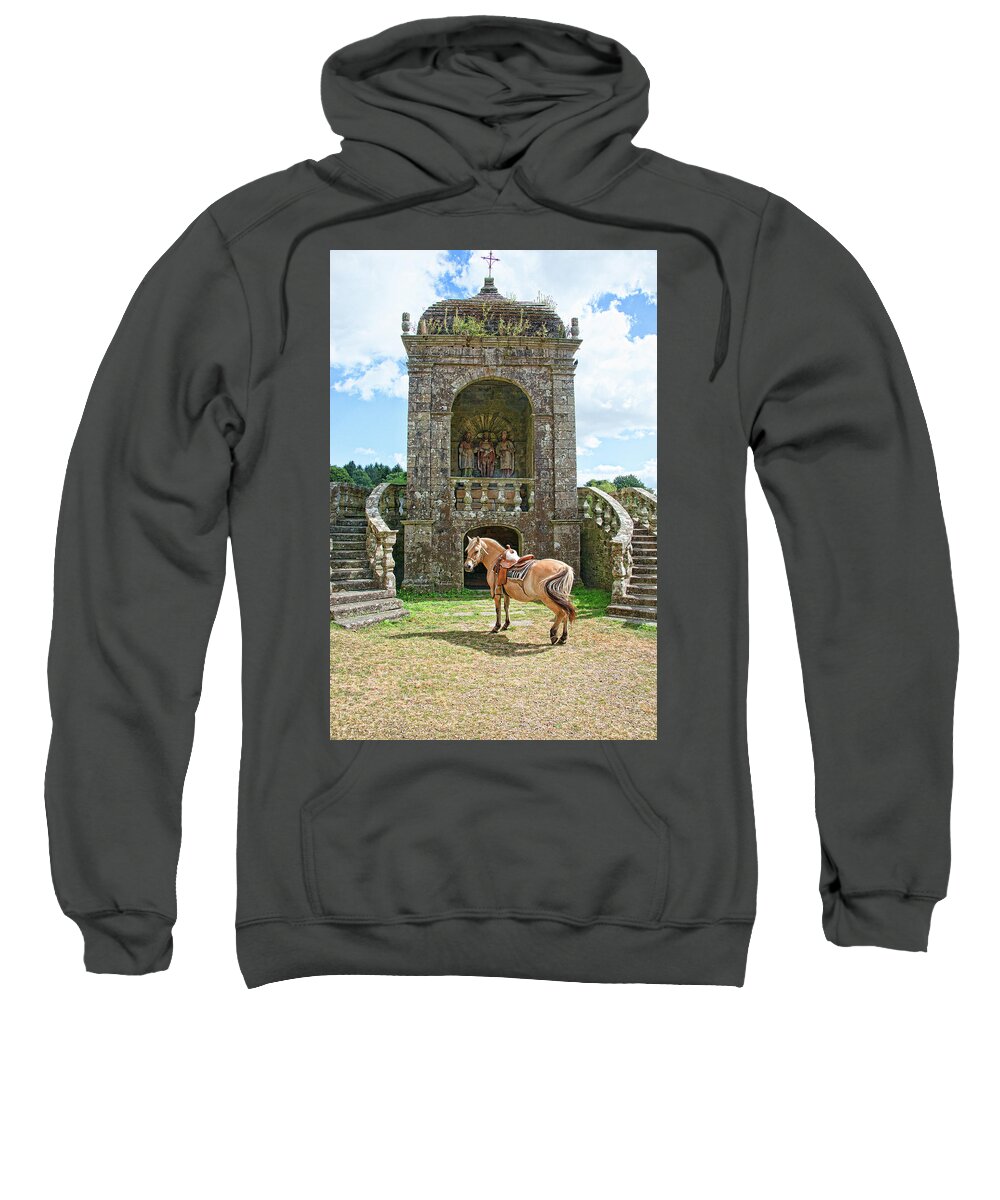 Quelven Village Square Sweatshirt featuring the photograph Quelven Village Square, Awaiting His Owner, Brittany, France by Curt Rush