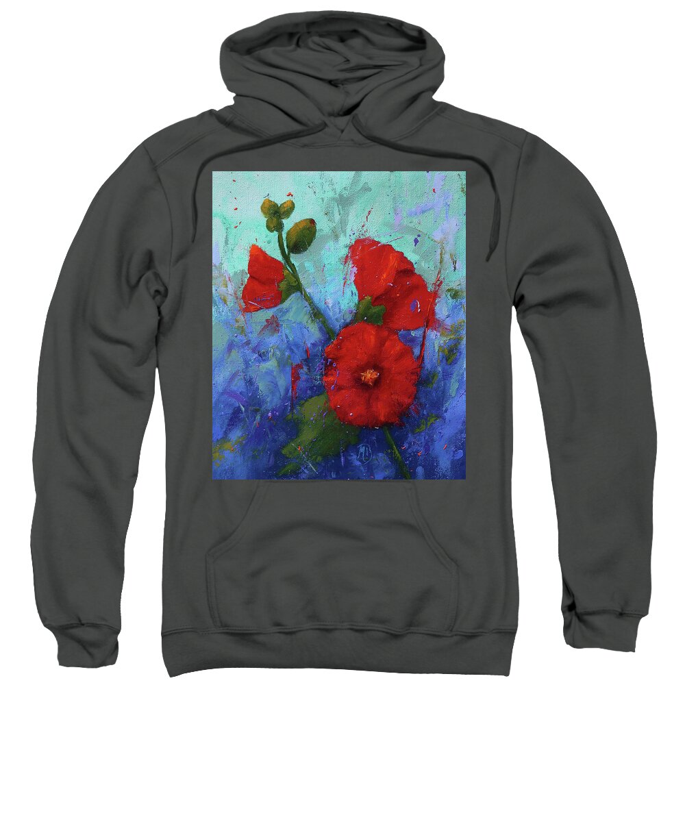 Floral Art Sweatshirt featuring the painting Red Hollyhocks by Monica Burnette
