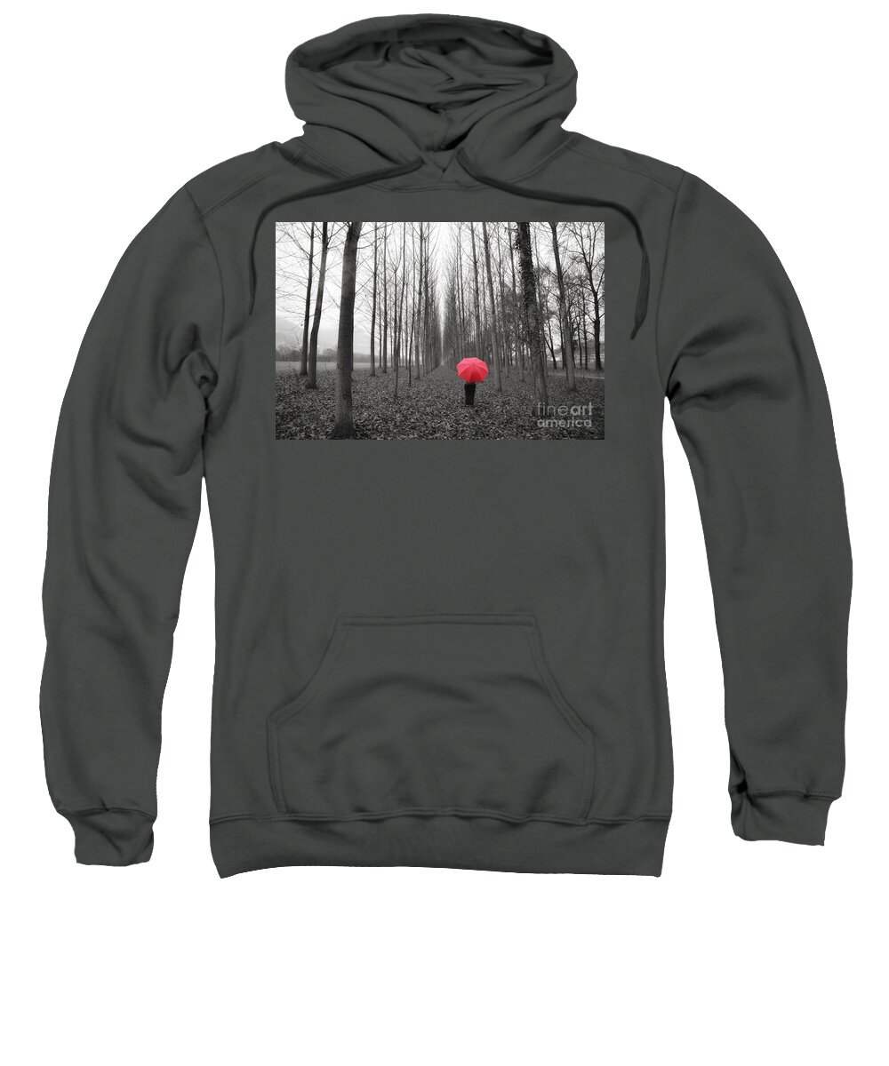 Woman Sweatshirt featuring the photograph Red umbrella in an allee by Mats Silvan
