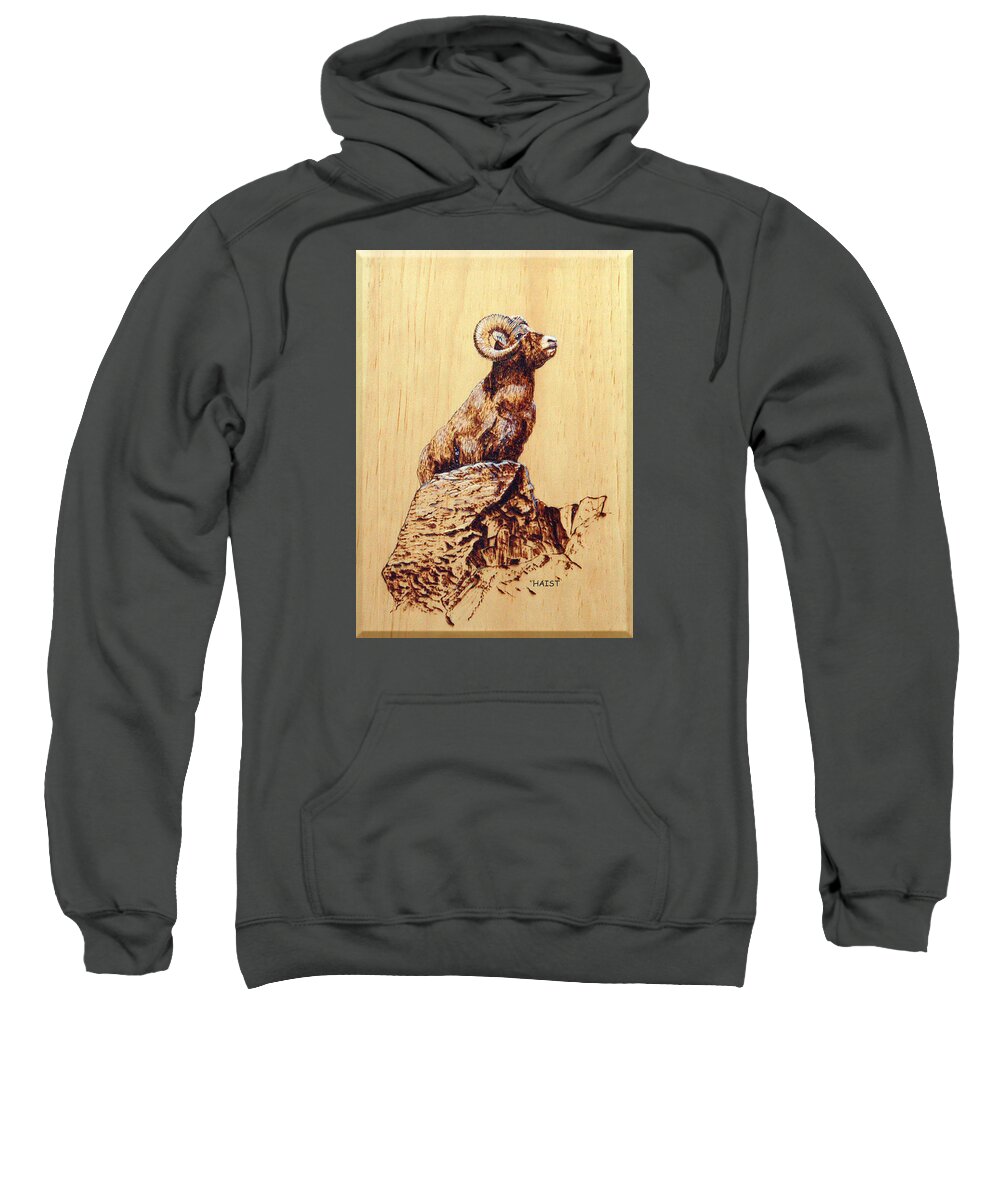 Ram Sweatshirt featuring the pyrography Rocky Mountain Bighorn Sheep by Ron Haist