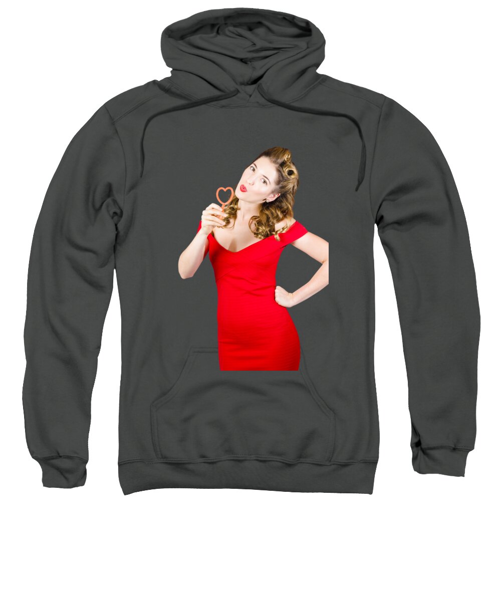 Valentines Day Sweatshirt featuring the photograph Romantic blond pin-up lady blowing party bubbles by Jorgo Photography