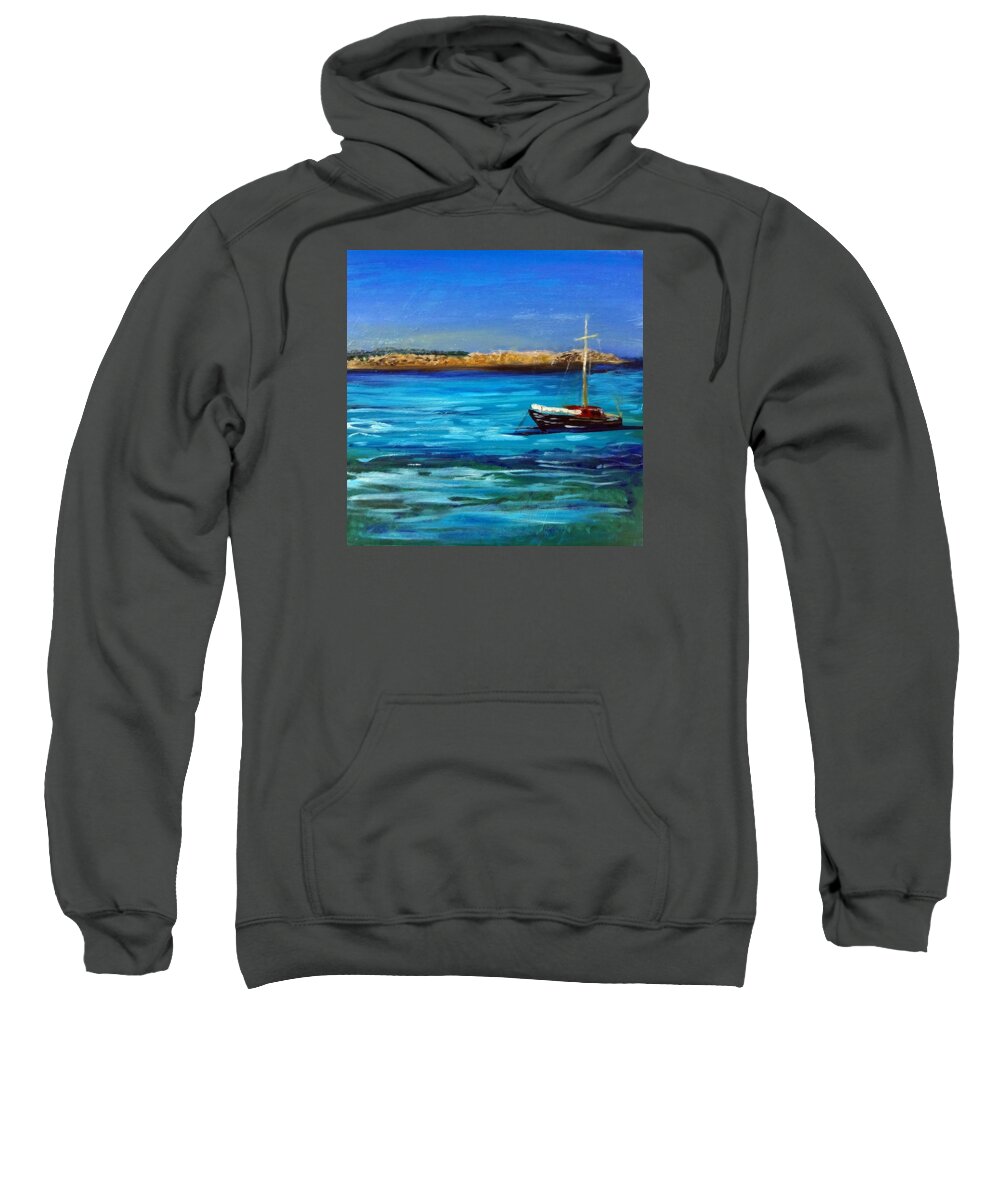 Seascape Sweatshirt featuring the painting Sailboat off Karpathos Greece Greek Islands Sailing by Katy Hawk