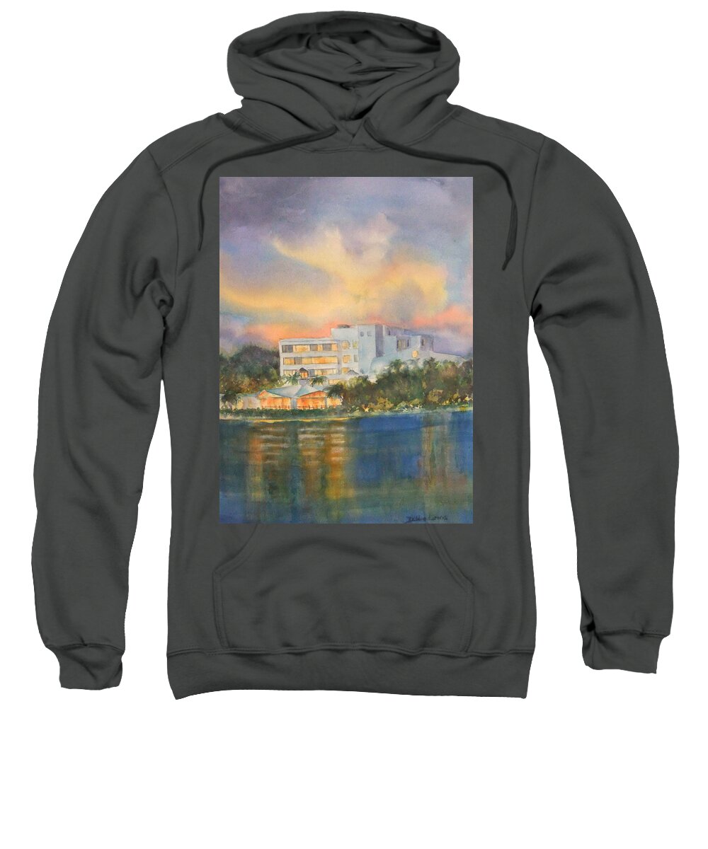 Sandcastle Hotel In Clearwater Florida Sweatshirt featuring the painting Sandcastle Retreat by Debbie Lewis