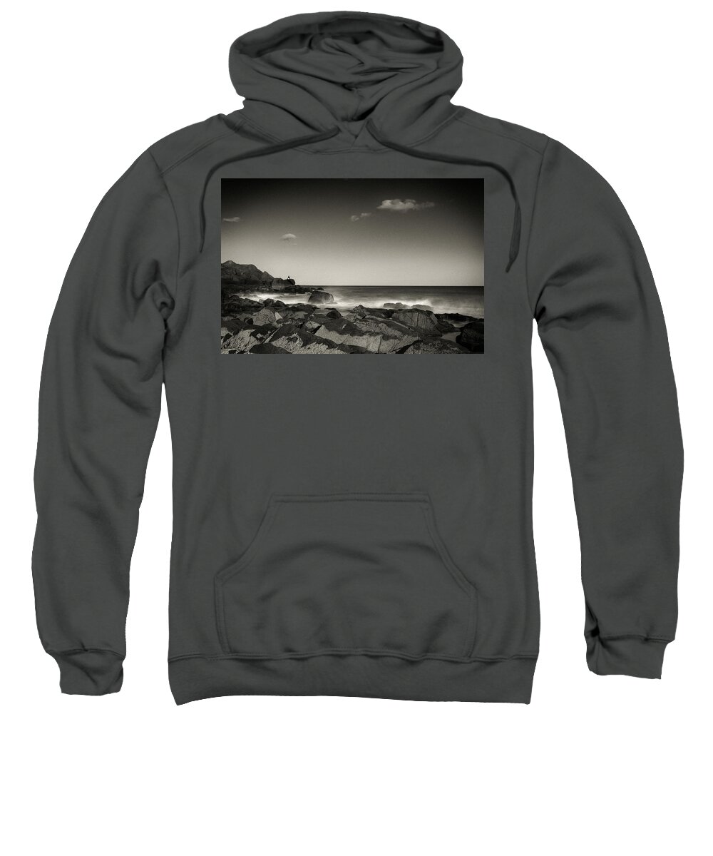 Solitude Seaside Lonely Moody Depressing Sad Fishing Fisher Fisherman Man Lone Oceanside Ocean Atlantic Newengland New England Outside Outdoors Nature Long Exposure Rocky Rocks Gloucester Ma Mass Massachusetts U.s.a. Usa Brian Hale Brianhalephoto Black And White Sweatshirt featuring the photograph Seaside Solitude by Brian Hale
