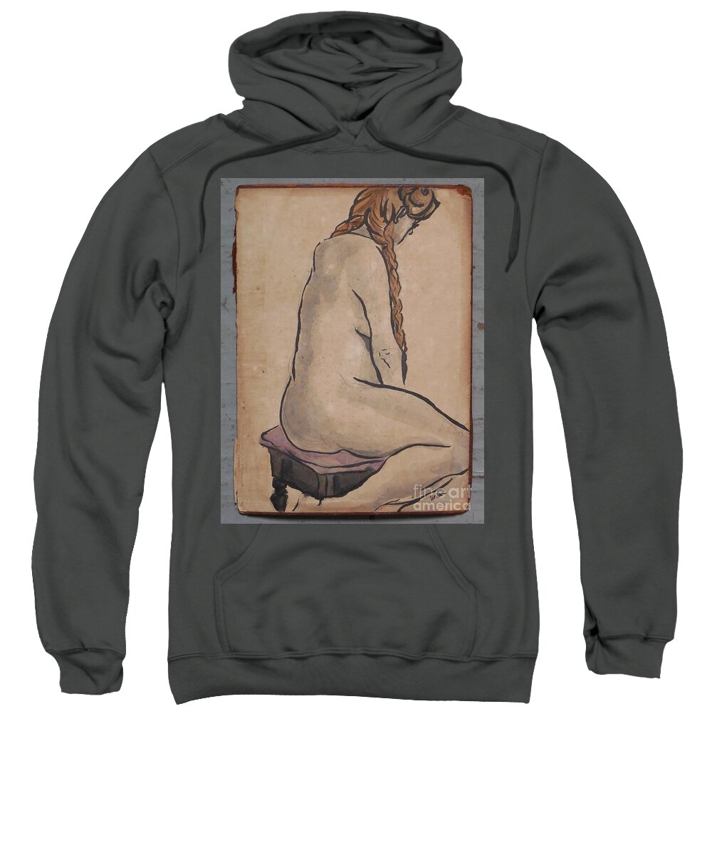 Sumi Ink Sweatshirt featuring the drawing Seated with braids. by M Bellavia