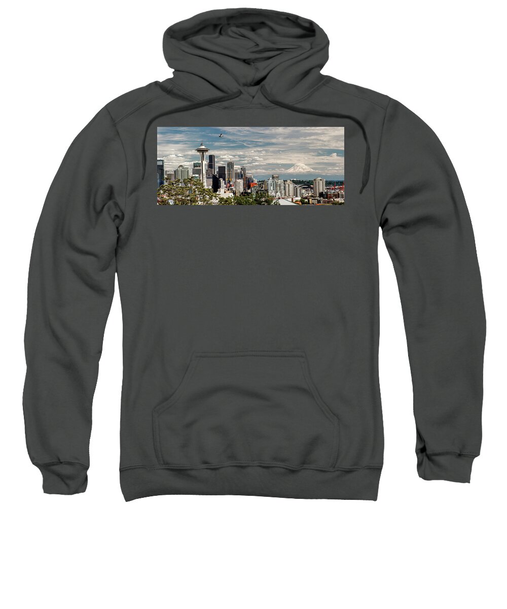 Seattle Sweatshirt featuring the photograph Seattle Space Needle with Mt. Rainier by Tony Locke