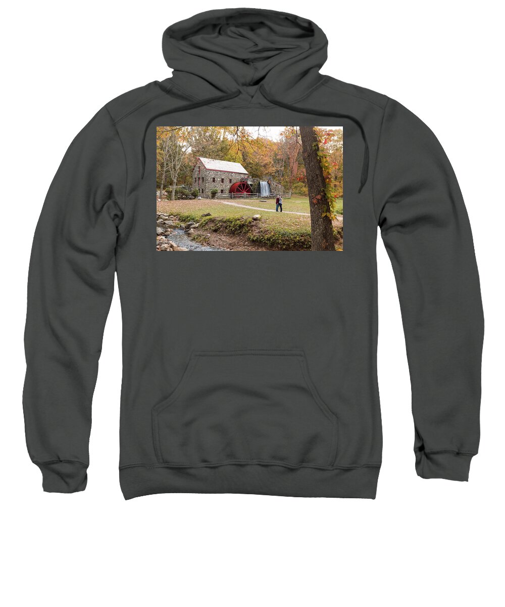 Sudbury Grist Mill Water Fall Waterfall Wheel Waterwheel Outside Outdoors Selfie Couple People Nature Natural Leaves Leaf Ma Mass Massachusetts Autumn Brian Hale Brianhalephoto Newengland New England Usa Architecture Historic Tree Trees Sweatshirt featuring the photograph Selfie in Autumn by Brian Hale