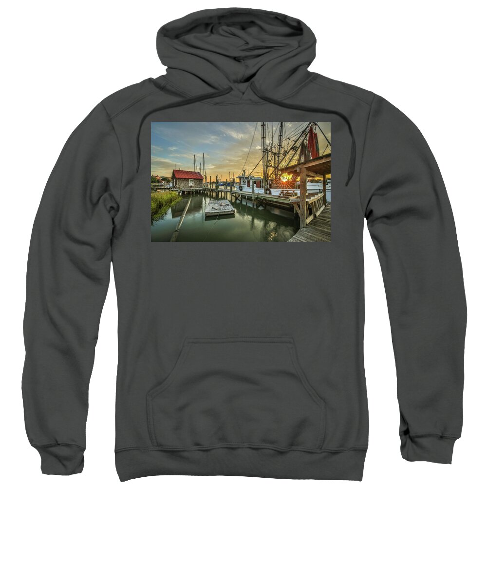 Shem Creek Sweatshirt featuring the photograph Shem Creek Boathouse and Shrimp Boat by Donnie Whitaker
