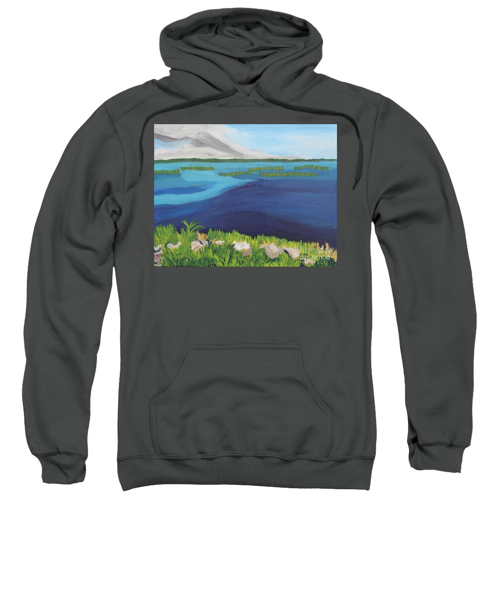 Serene Blue Lake Sweatshirt featuring the painting Serene Blue Lake by Annette M Stevenson