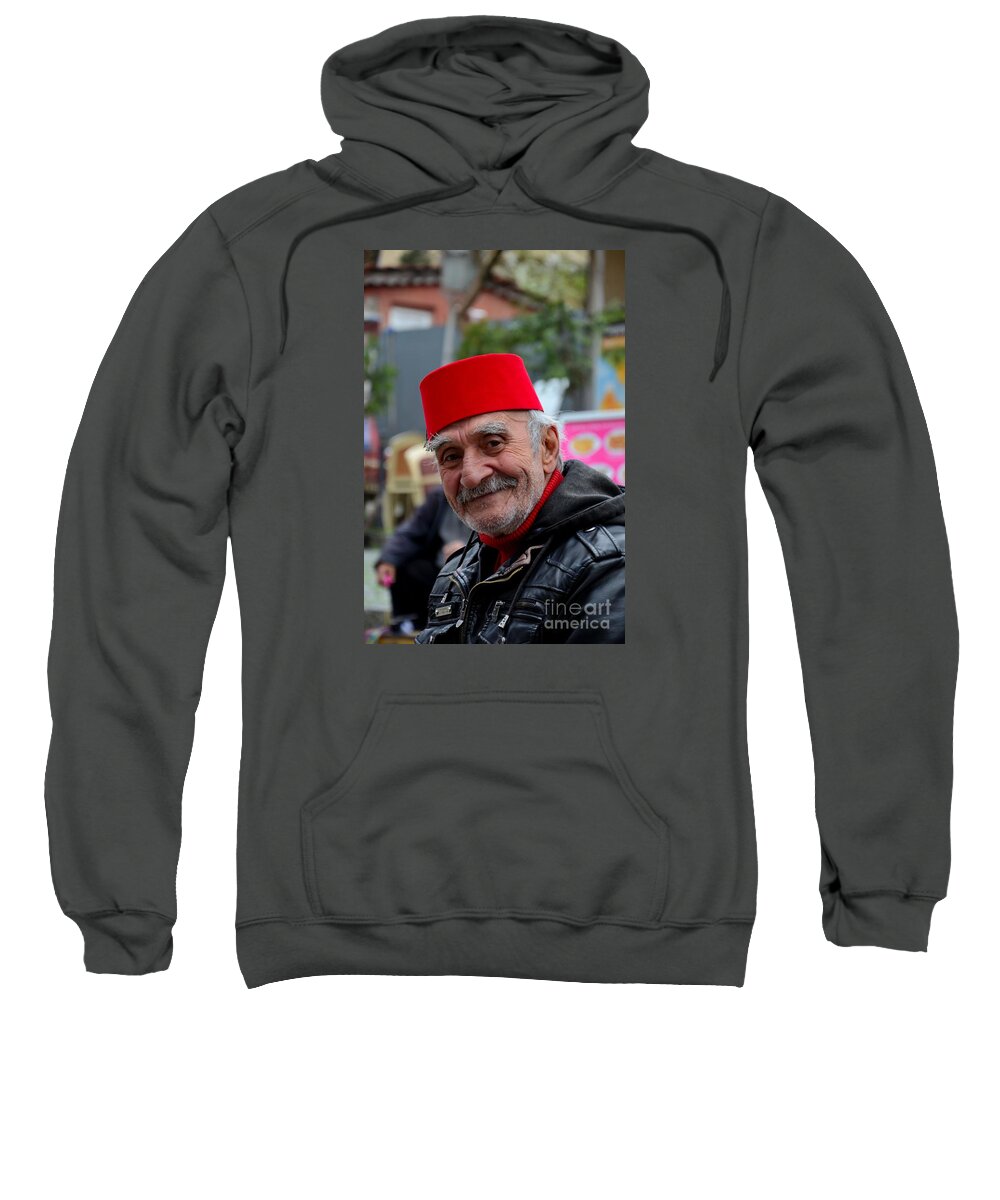 Man Sweatshirt featuring the photograph Smiling happy old Turkish senior man in fez and leather jacket by Imran Ahmed