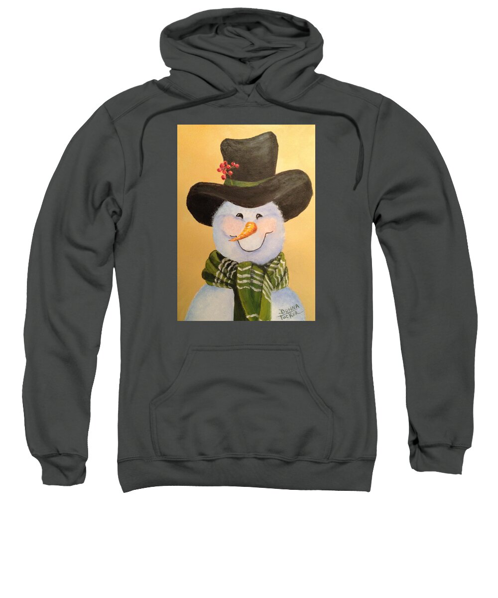 Snowie Sweatshirt featuring the painting Snowman in Green Scarf by Donna Tucker