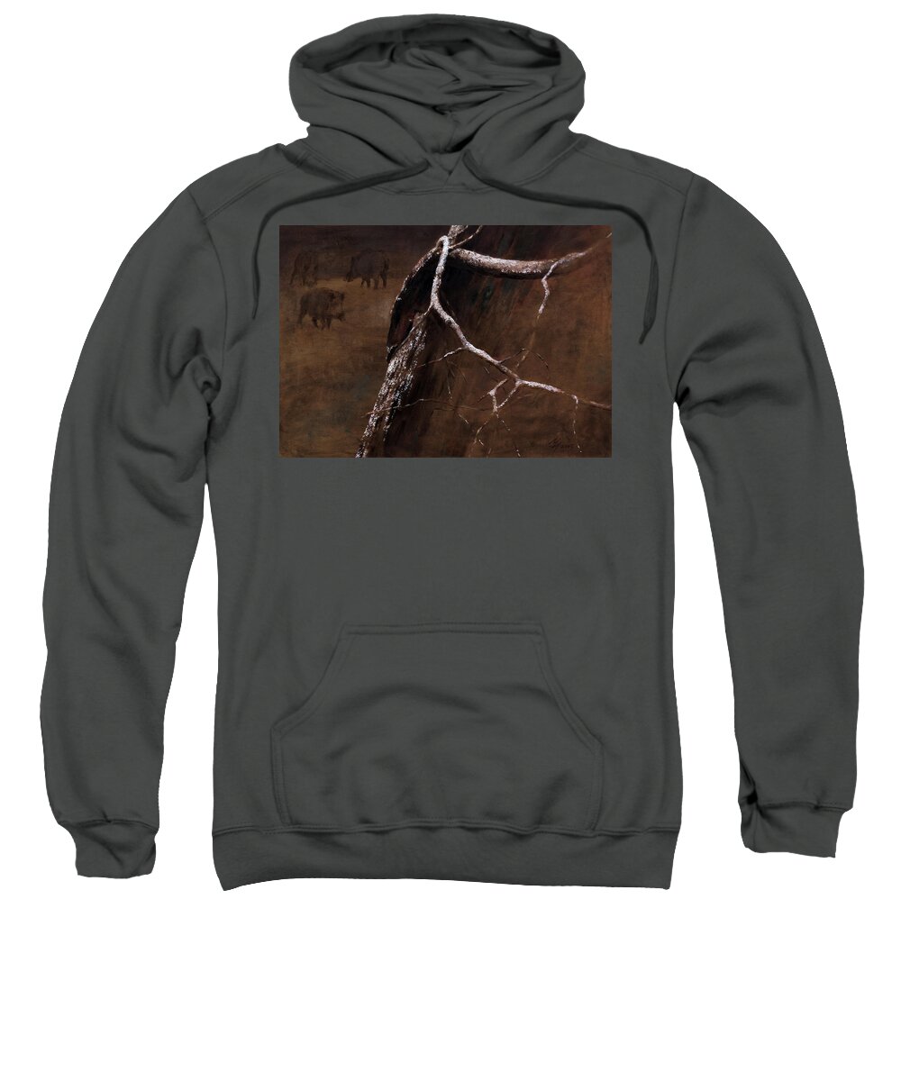 Boar Sweatshirt featuring the painting Snowy Branch with Wild Boars by Attila Meszlenyi