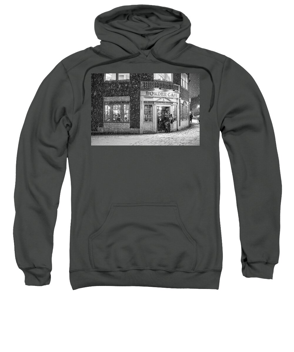 Harvard Sweatshirt featuring the photograph Snowy Harvard Square Night Border Cafe Black and White by Toby McGuire