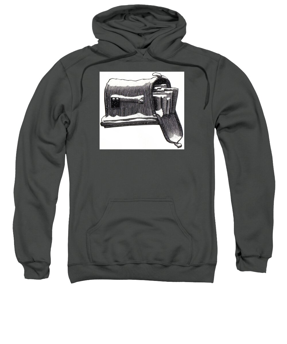 Christmas Sweatshirt featuring the drawing Snowy Mailbox Etching by Jim Harris