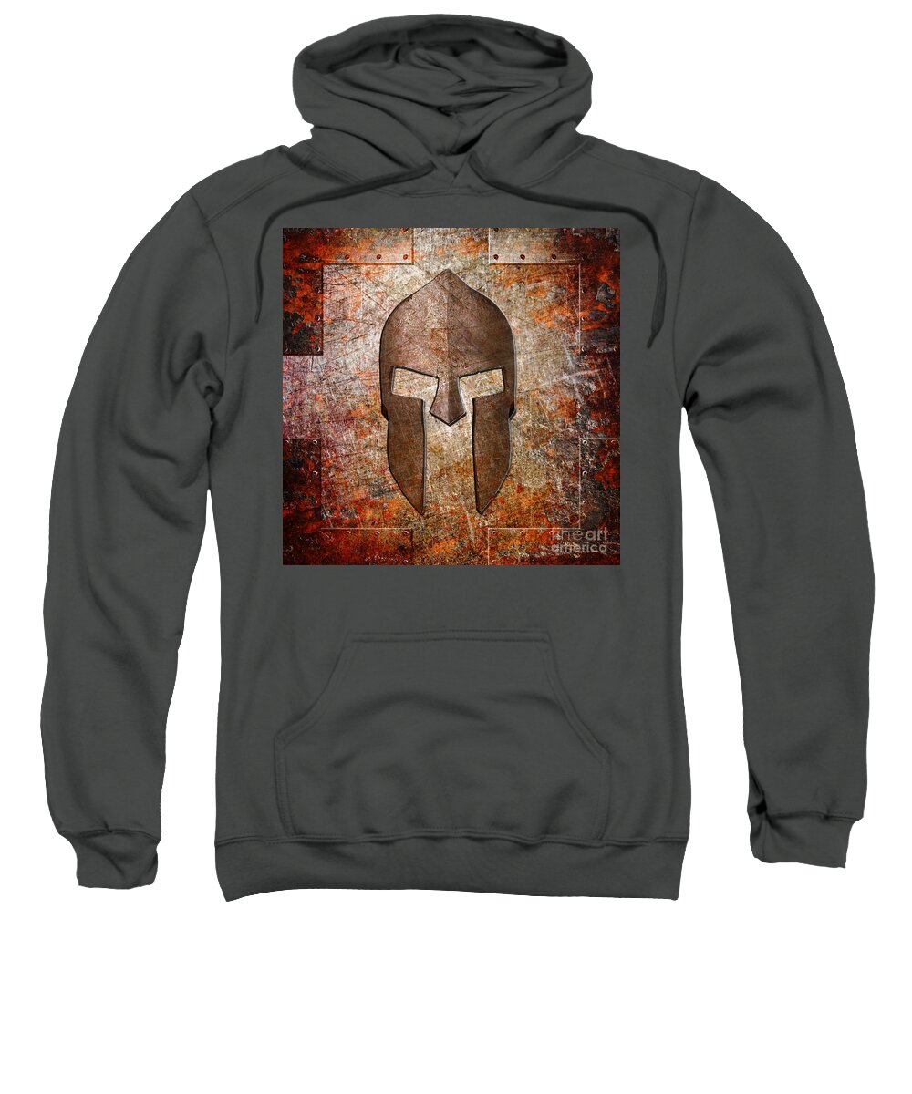 Spartan Sweatshirt featuring the digital art Spartan Helmet on Rusted Riveted Metal Sheet by Fred Ber