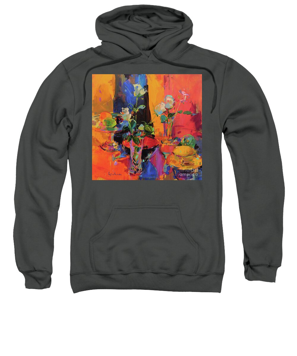 Still Life Table With Roses And Fruit Sweatshirt featuring the painting Still Life Table with Roses and Fruit by Peter Graham