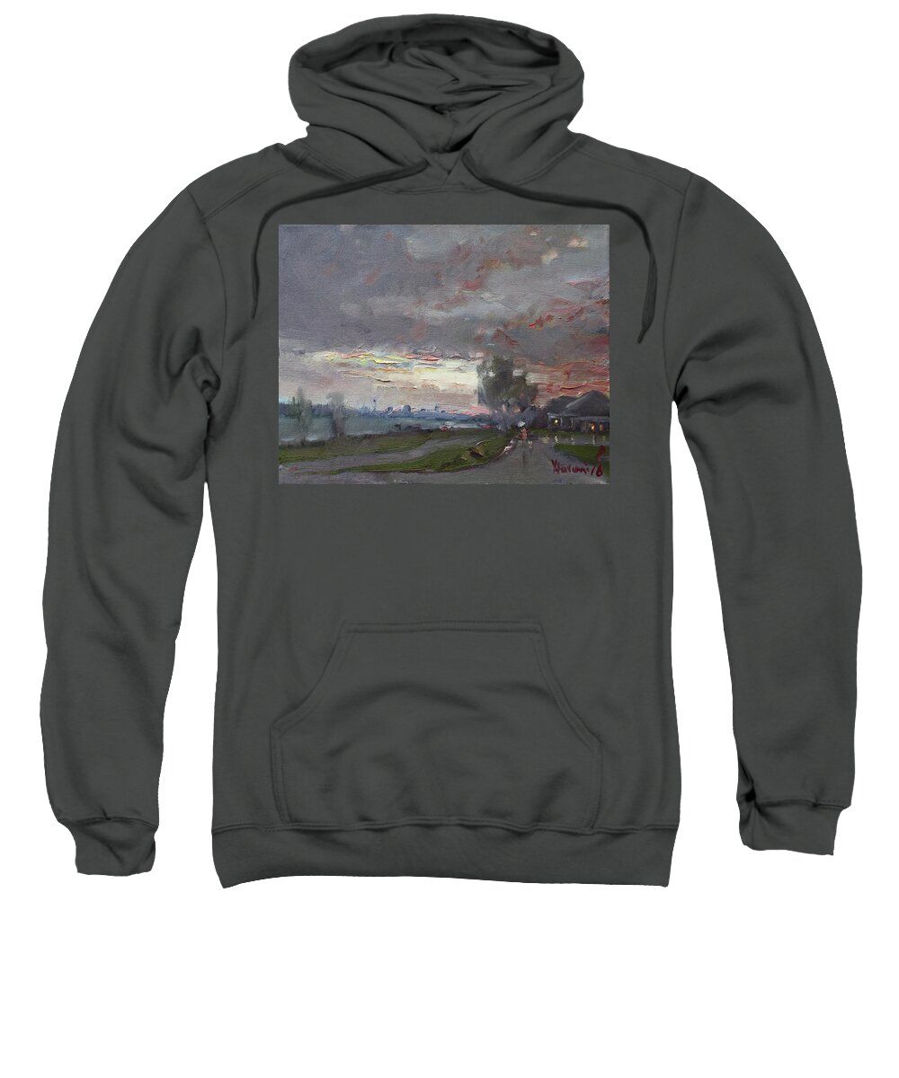 Sunset Sweatshirt featuring the painting Sunset in a Rainy Day by Ylli Haruni