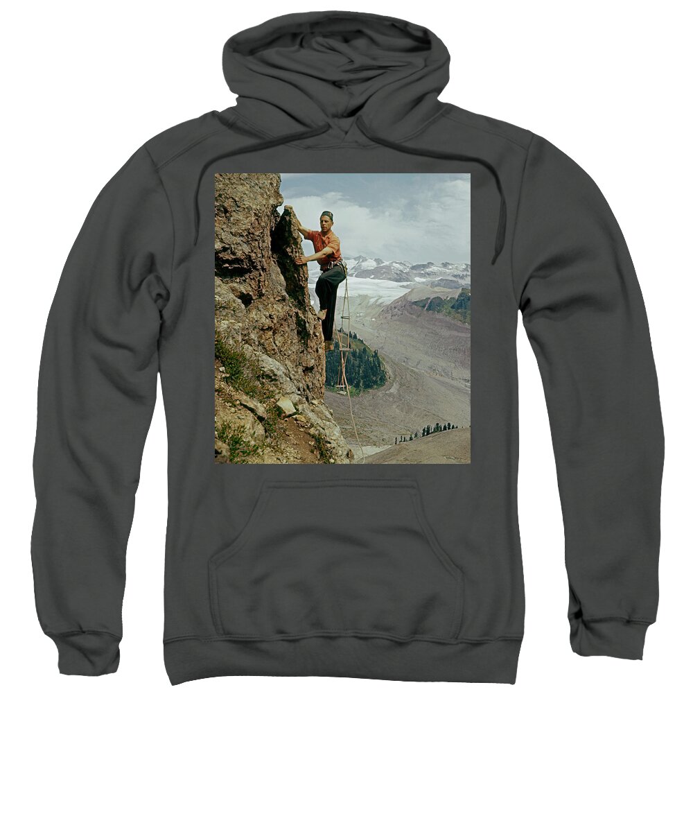 Garibaldi Meadows Sweatshirt featuring the photograph T-902901 Fred Beckey Climbing by Ed Cooper Photography