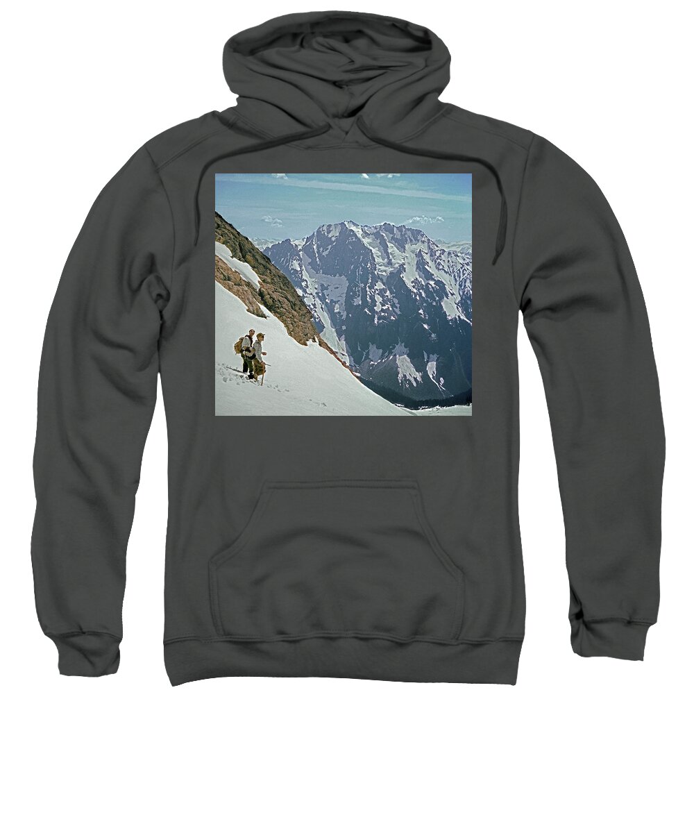 T04402 Sweatshirt featuring the photograph T04402 Beckey and Hieb after Forbidden Peak 1st Ascent by Ed Cooper Photography
