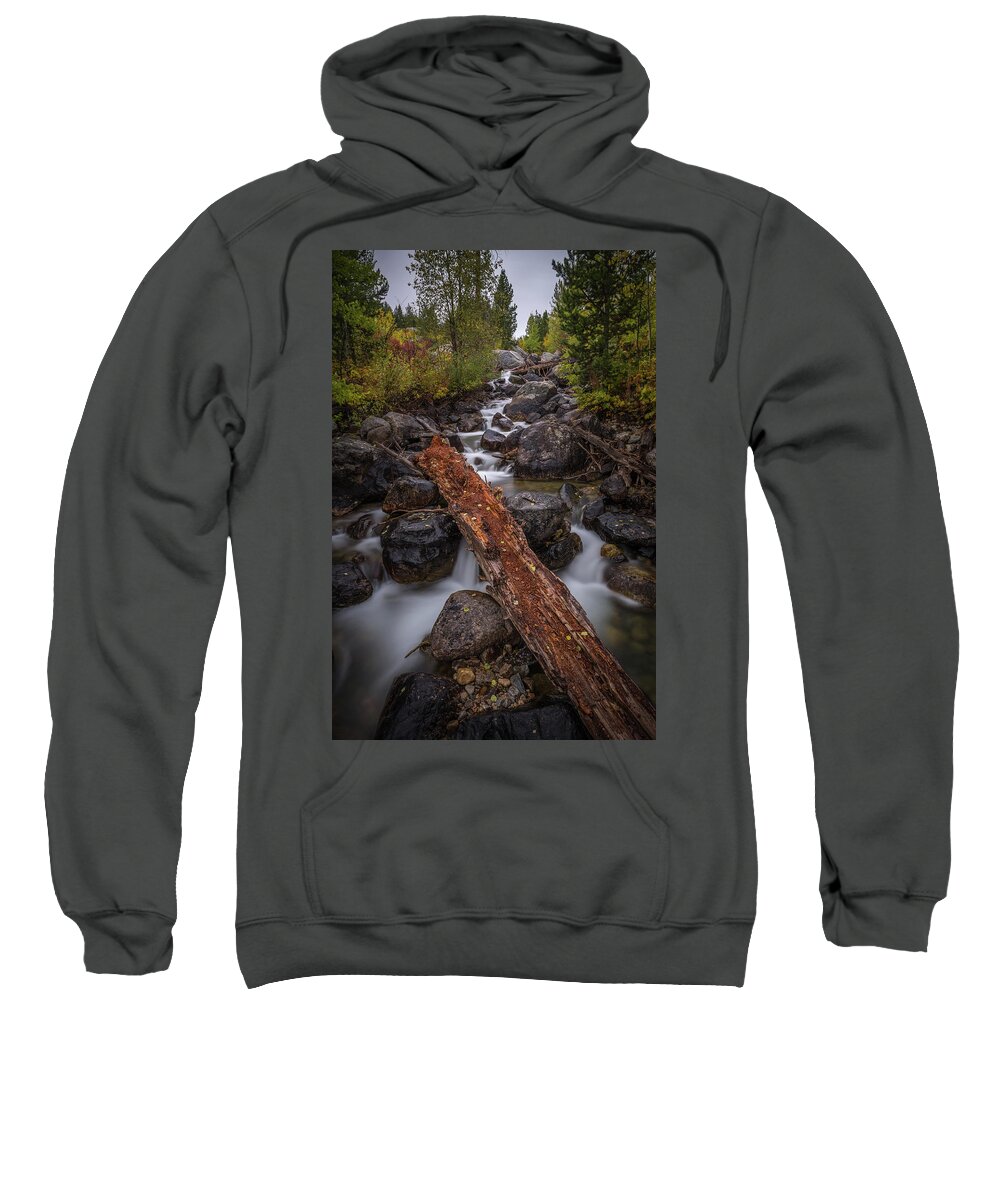 Adventure Sweatshirt featuring the photograph Taggert Creek Waterfall Log by Scott McGuire