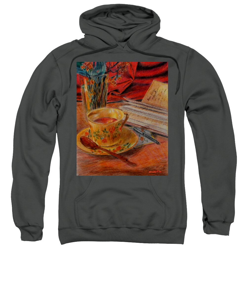 Cup Sweatshirt featuring the painting Tea and Diary by Quwatha Valentine