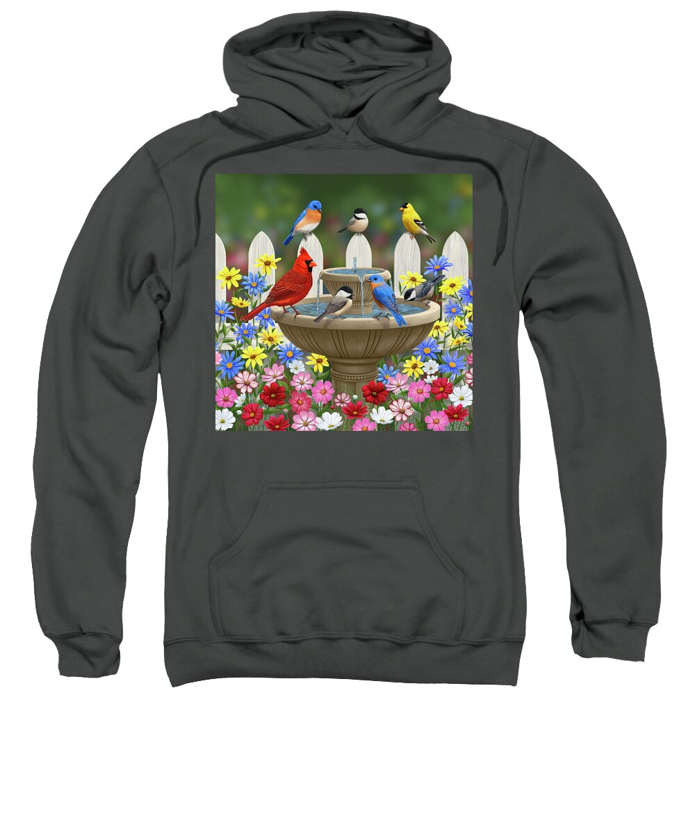 Birds Sweatshirt featuring the painting The Colors of Spring - Bird Fountain in Flower Garden by Crista Forest