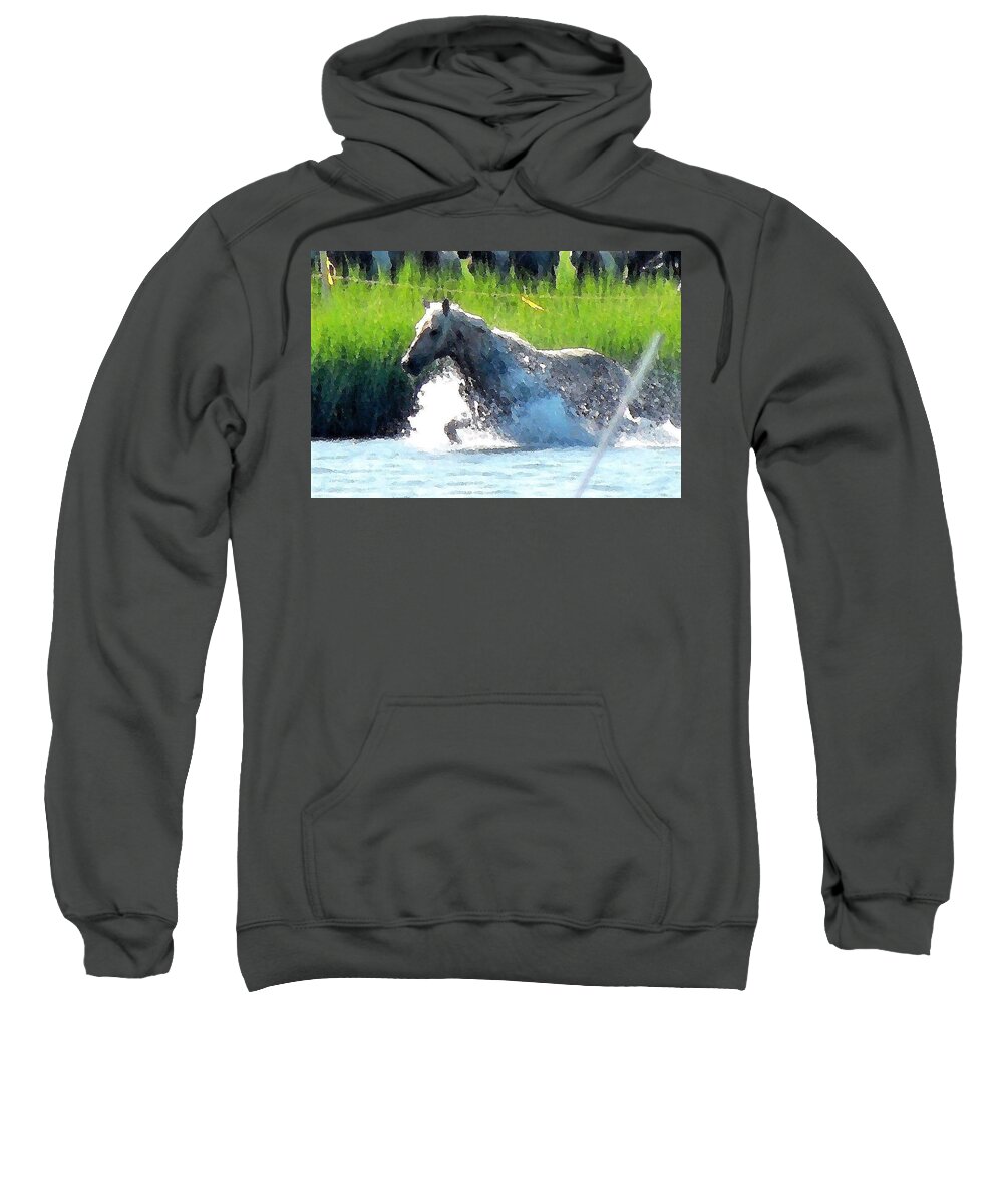 Wild Horse Sweatshirt featuring the photograph The Crossing - Chincoteague Pony Run by Kim Bemis