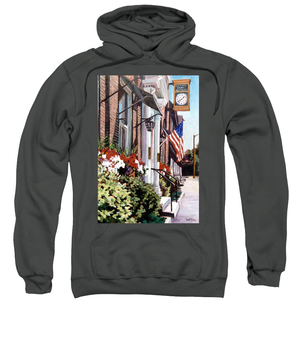 Historic Town Sweatshirt featuring the painting The Old Clock by Marie Witte