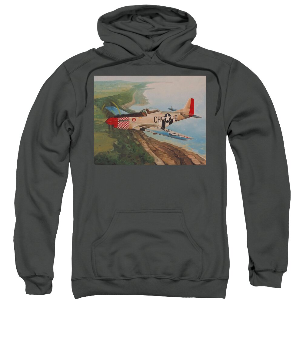 Oil Painting Prints Fine Art France Omaha Beach P-51 Aircraft World War 2 Ocean United States Air Force Airplane Planes Vintage Aircraft Sweatshirt featuring the painting The P-51 Riblet by T S Carson