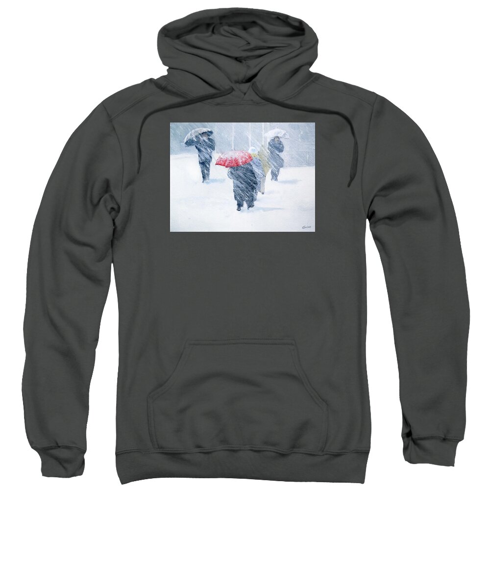 Snow Sweatshirt featuring the painting Red Umbrella by Glenn Galen