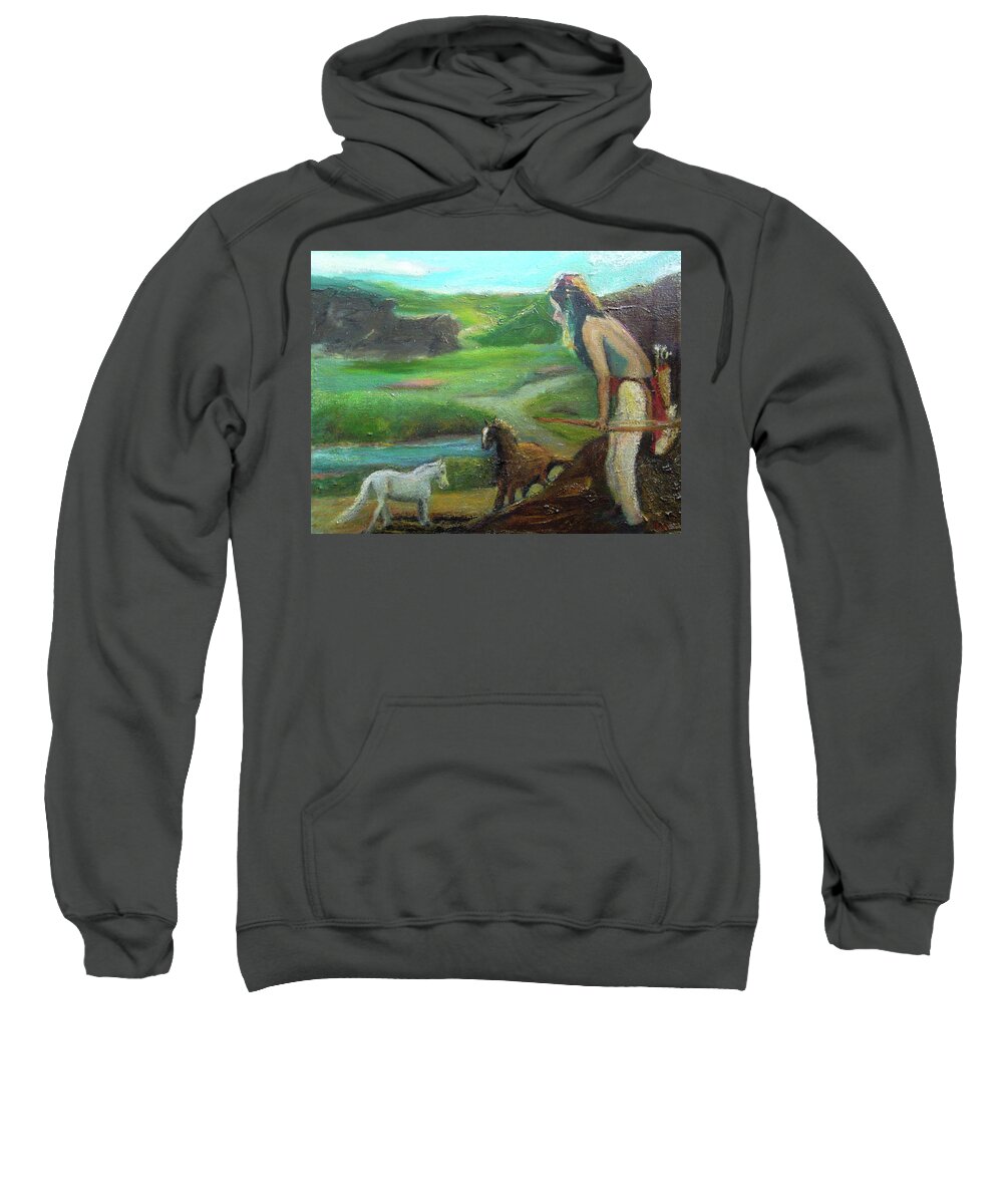 Native American Sweatshirt featuring the painting The Scout by Susan Esbensen