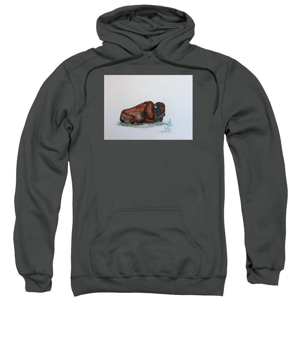 Bison Sweatshirt featuring the drawing Tired Bison by Ellen Canfield