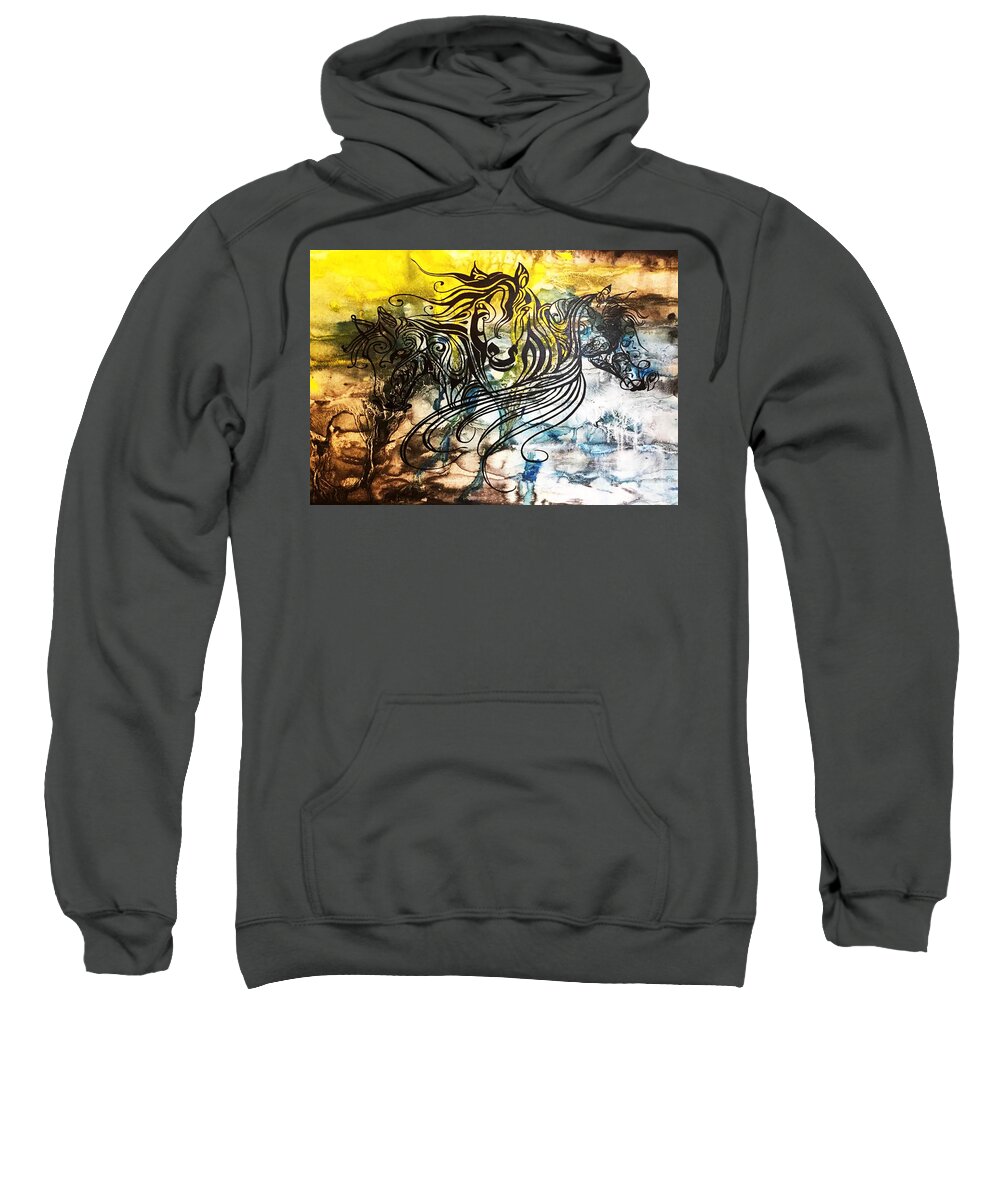 Home Design Sweatshirt featuring the painting Trio Balck Horses by Kathleen Artist PRO