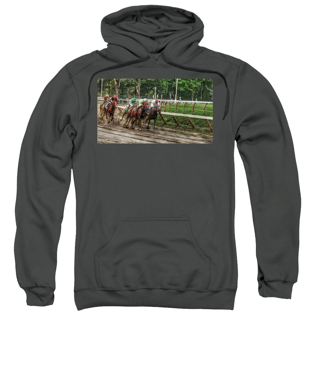 Race Horses Sweatshirt featuring the photograph Turning the Mud by Jeffrey PERKINS