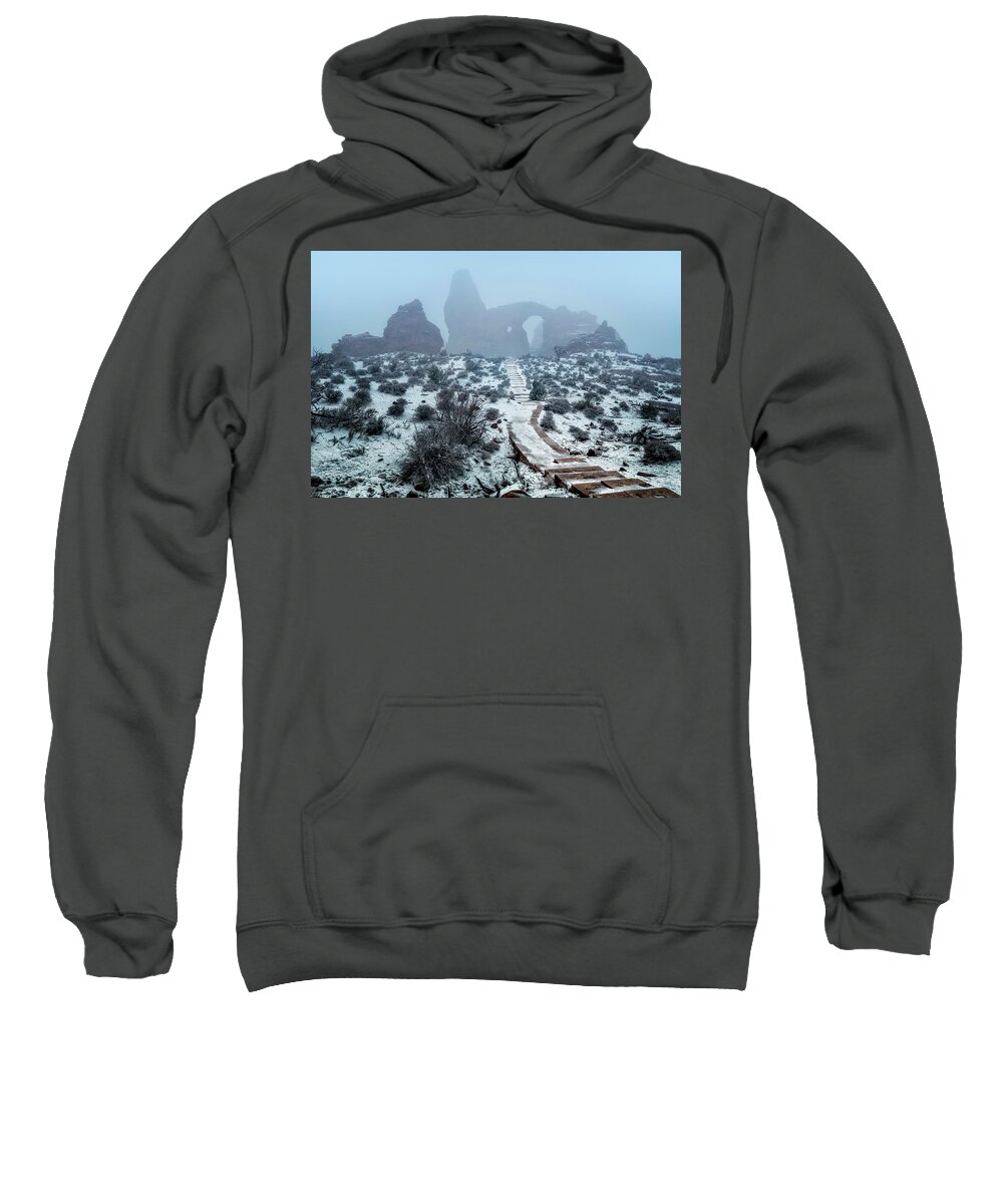 Turret Arch Sweatshirt featuring the photograph Turret Arch in the Fog by Michael Ash