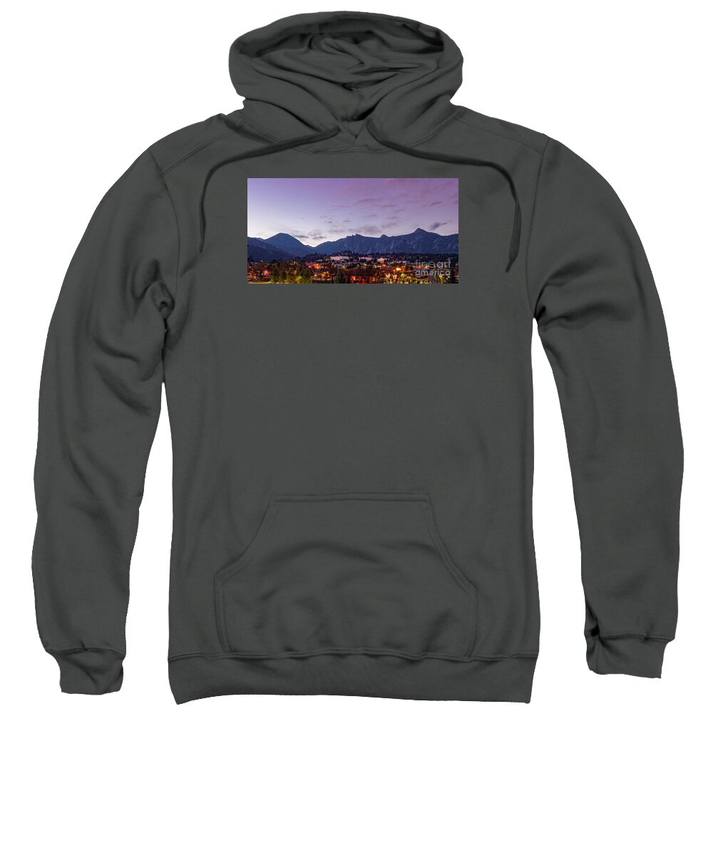 Estes Sweatshirt featuring the photograph Twilight Panorama of Estes Park, Stanley Hotel, Castle Mountain and Lumpy Ridge - Rocky Mountains by Silvio Ligutti