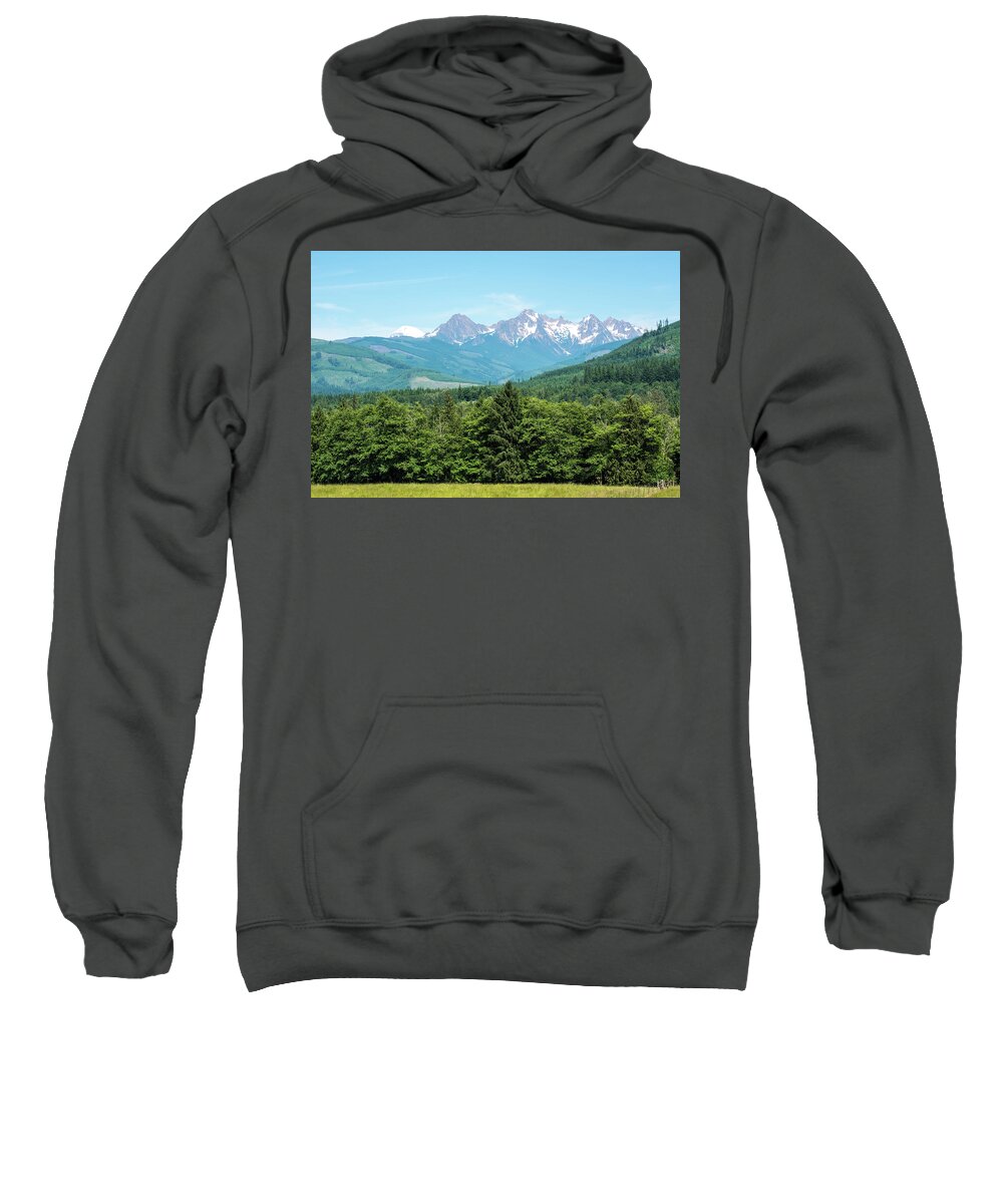Twin Sisters And Mt Baker Peeking. Pull-off Sweatshirt featuring the photograph Twin Sisters and Mt Baker Peeking by Tom Cochran