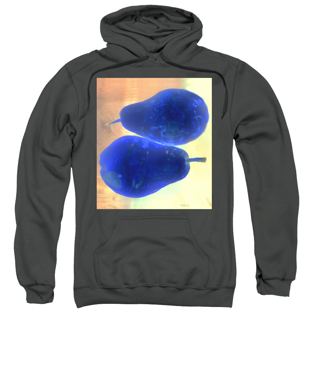 Pear Pair Fruit Stem Skin Flesh Blue Yellow Orange Peach Above Below Sweatshirt featuring the photograph Two Blue Pears on Peach Stacked by Heather Kirk