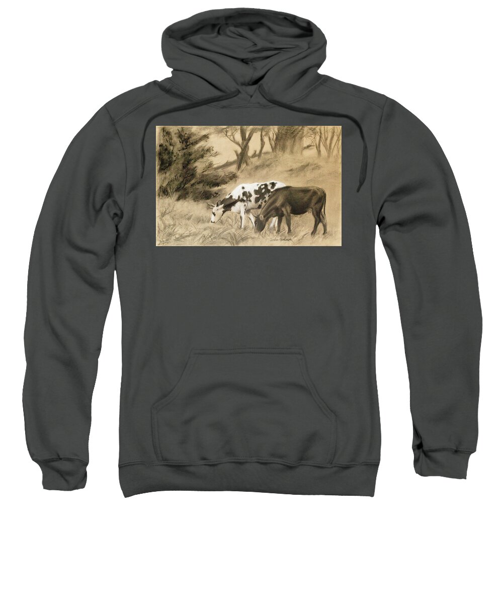 Cows Sweatshirt featuring the drawing Two Cows Grazing by Jordan Henderson