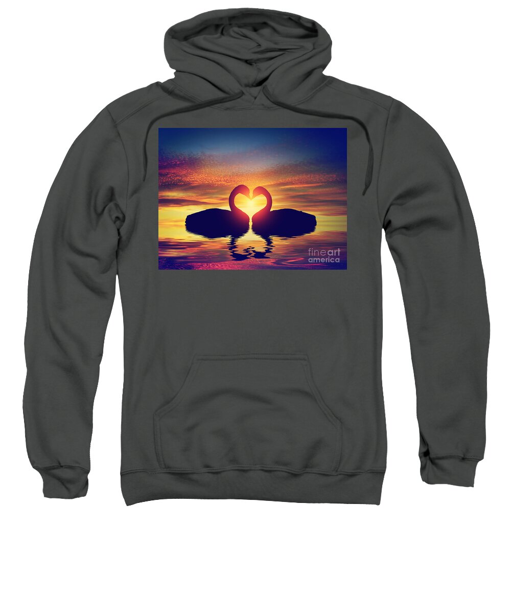 Swan Sweatshirt featuring the photograph Two swans making a heart shape at sunset. Valentine's day by Michal Bednarek
