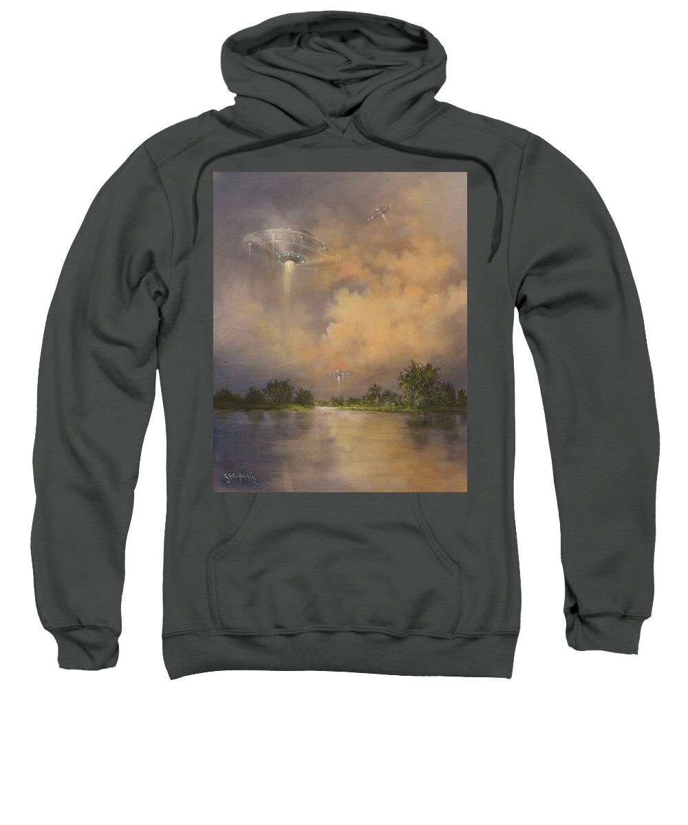 Ufo Sweatshirt featuring the painting UFOs Above the Lake by Tom Shropshire